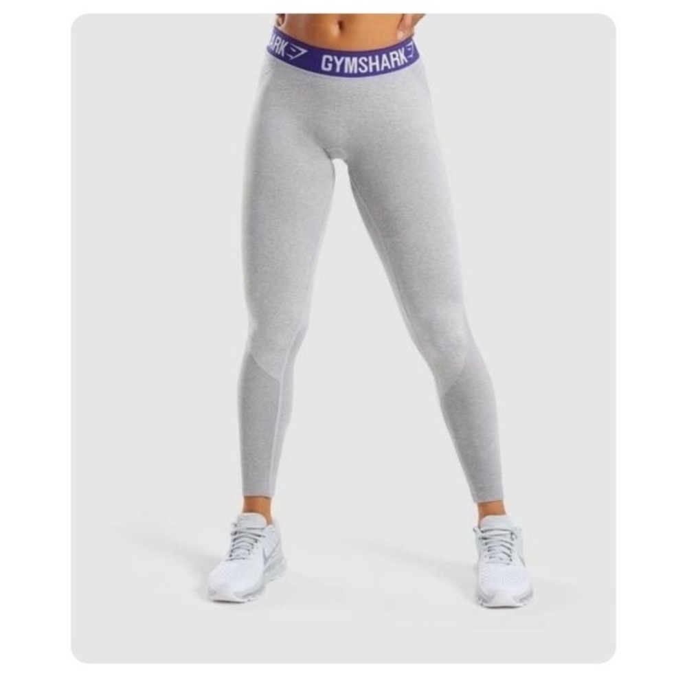 Gymshark Light Gray Leggings/Purple Waistband. Size Medium